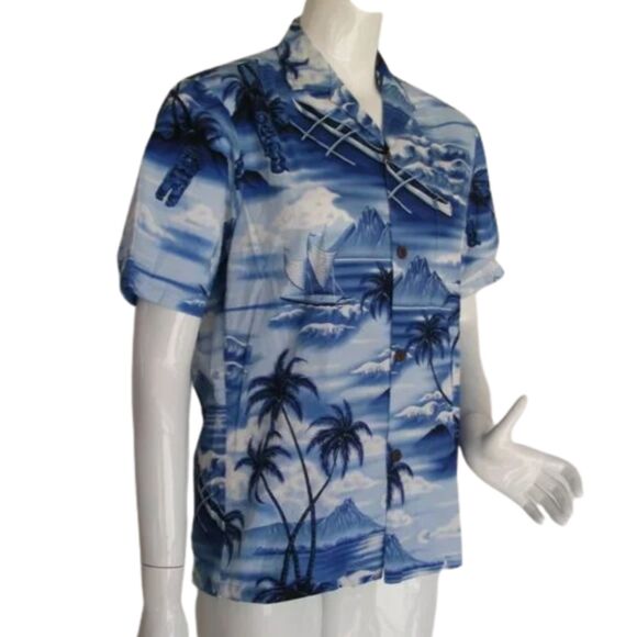 ROYAL CREATIONS Hawaiian Shirt, S, Blue/White, Sea View, outriggers, Tikis - Picture 2 of 9